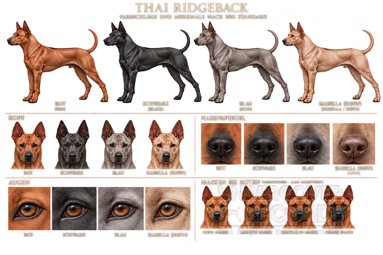 Thai Ridgeback head, nose, eyes and mask variations