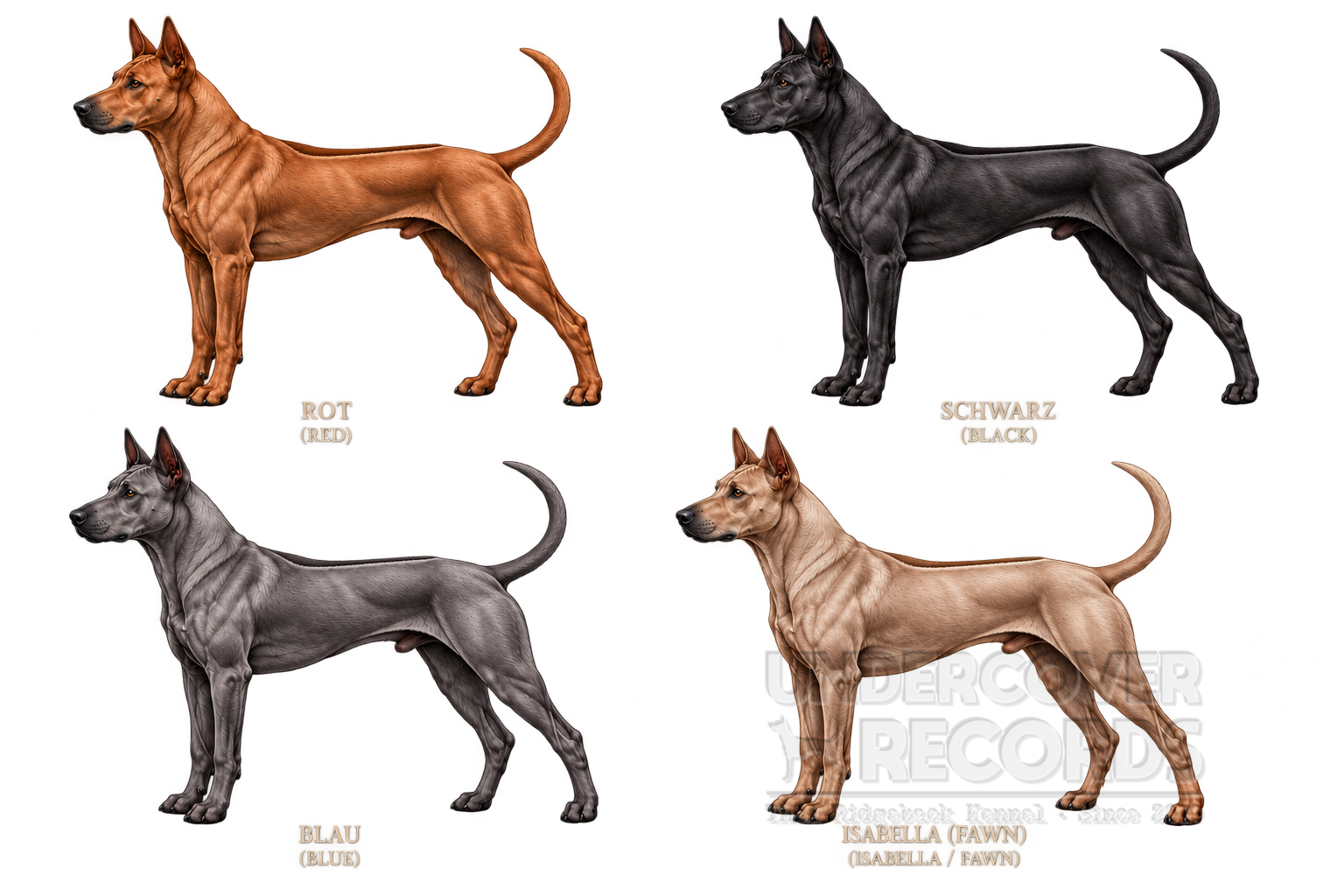 Four illustrated Thai Ridgebacks in red, black, blue and Isabella